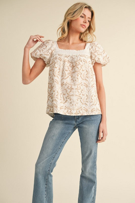 Square neck embroidered smocked top