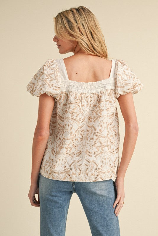 Square neck embroidered smocked top