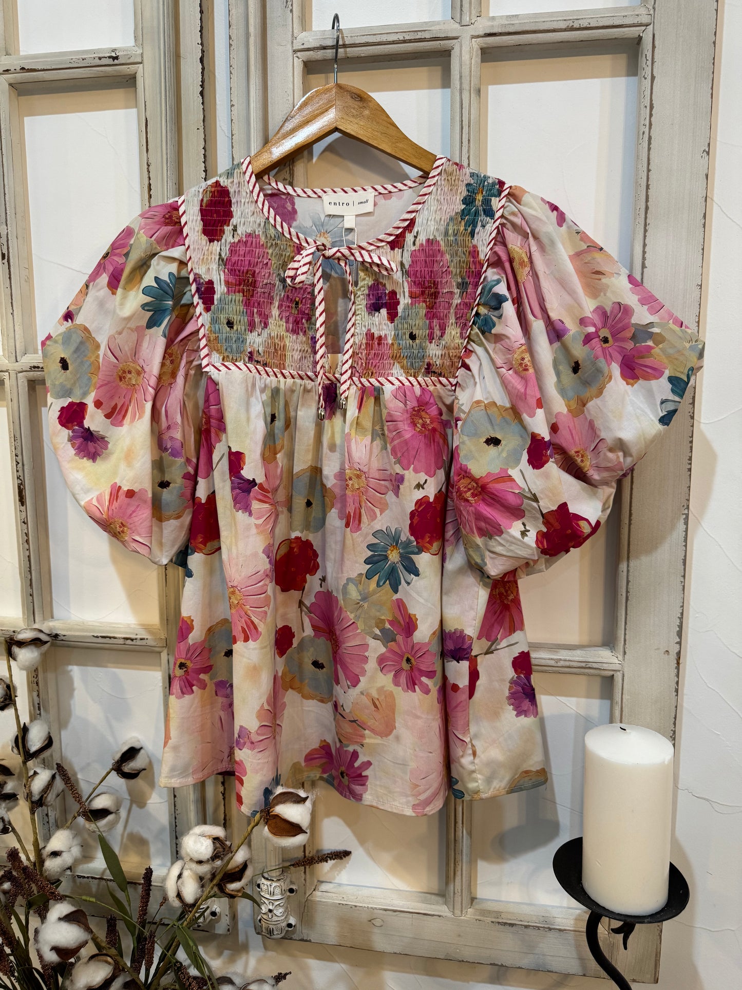 Floral Smocked Contrast Trim Top