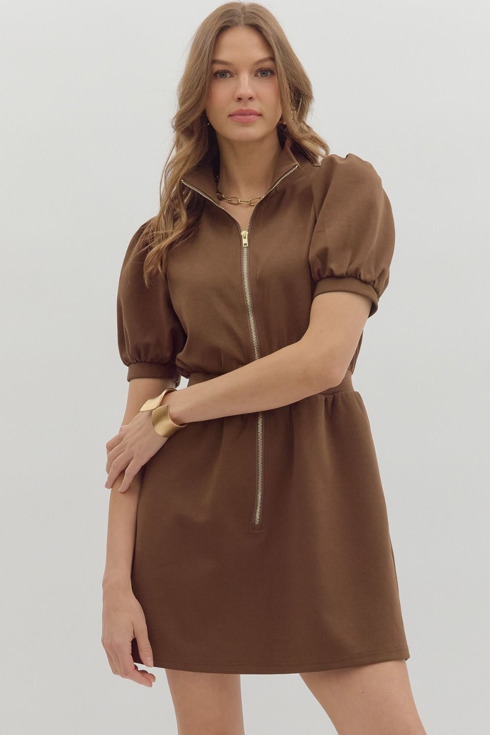 Short Sleeve Zip Front Mini Dress Espresso / Large Short Sleeve Zip Front Mini Dress Espresso / Large