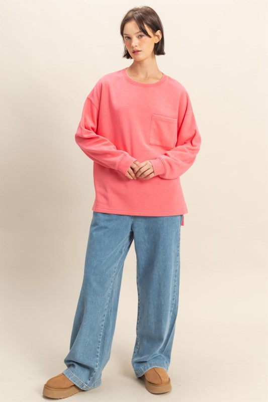 Crew Neck Single Pocket Pullover Sweatshirt