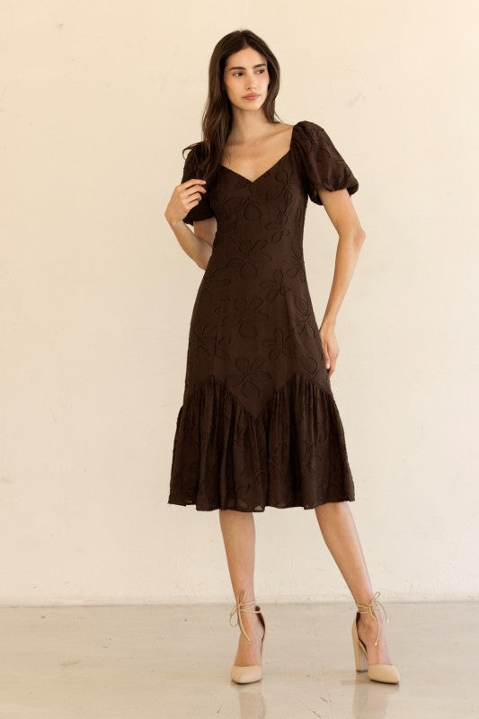 Puff Sleeve Embroidered Midi Dress