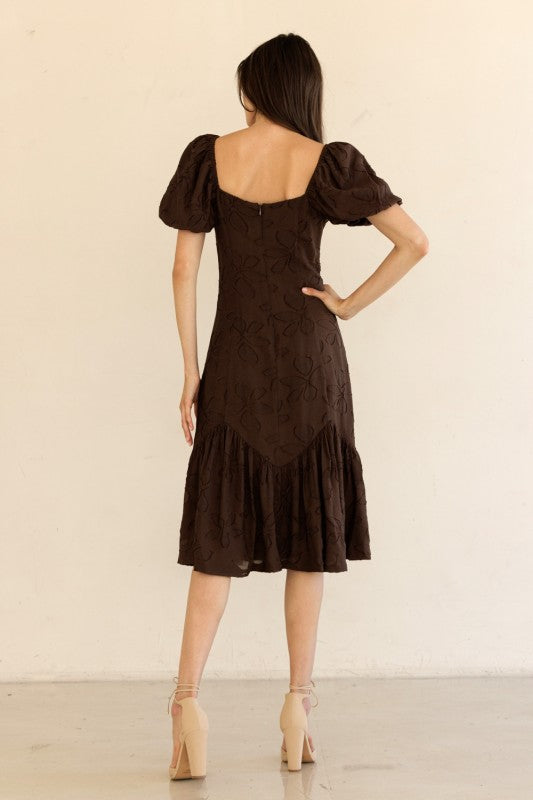 Puff Sleeve Embroidered Midi Dress