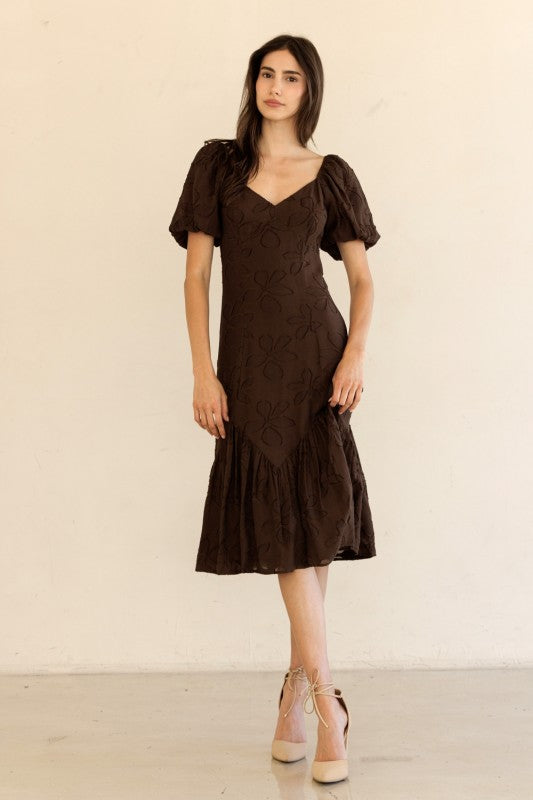 Puff Sleeve Embroidered Midi Dress