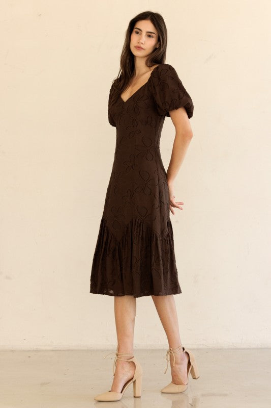 Puff Sleeve Embroidered Midi Dress