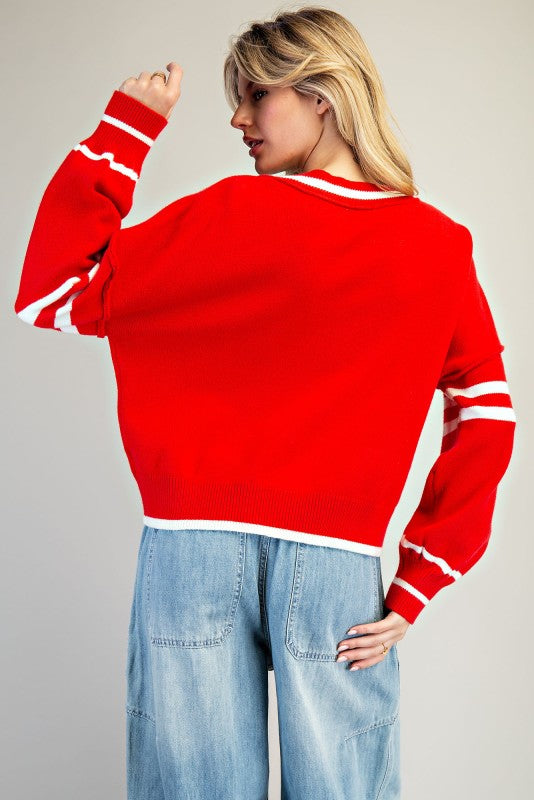 V-Neck Striped Long Sleeve Sweater