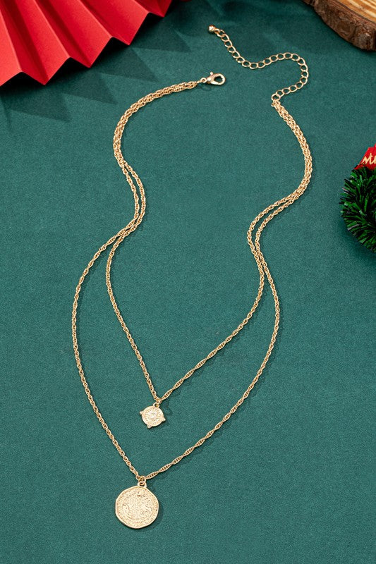 Double Layer Rope Chain Coin Pendant Necklace