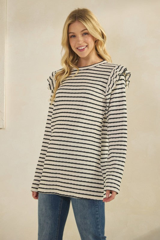 Long Sleeve Ruffle Shoulder Jacquard Stripe Top