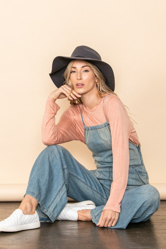 Vintage Washed Denim Wide Leg Overall Jumpsuit