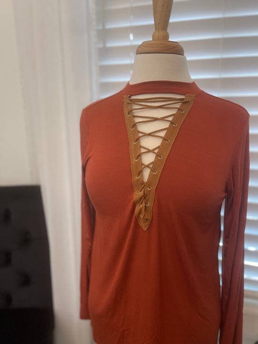 Long Sleeve Lace-up Neckline Top
