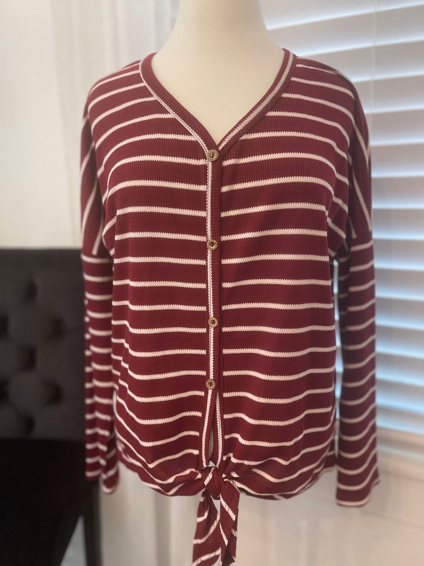 Striped Long Sleeve Button Down Knot Top
