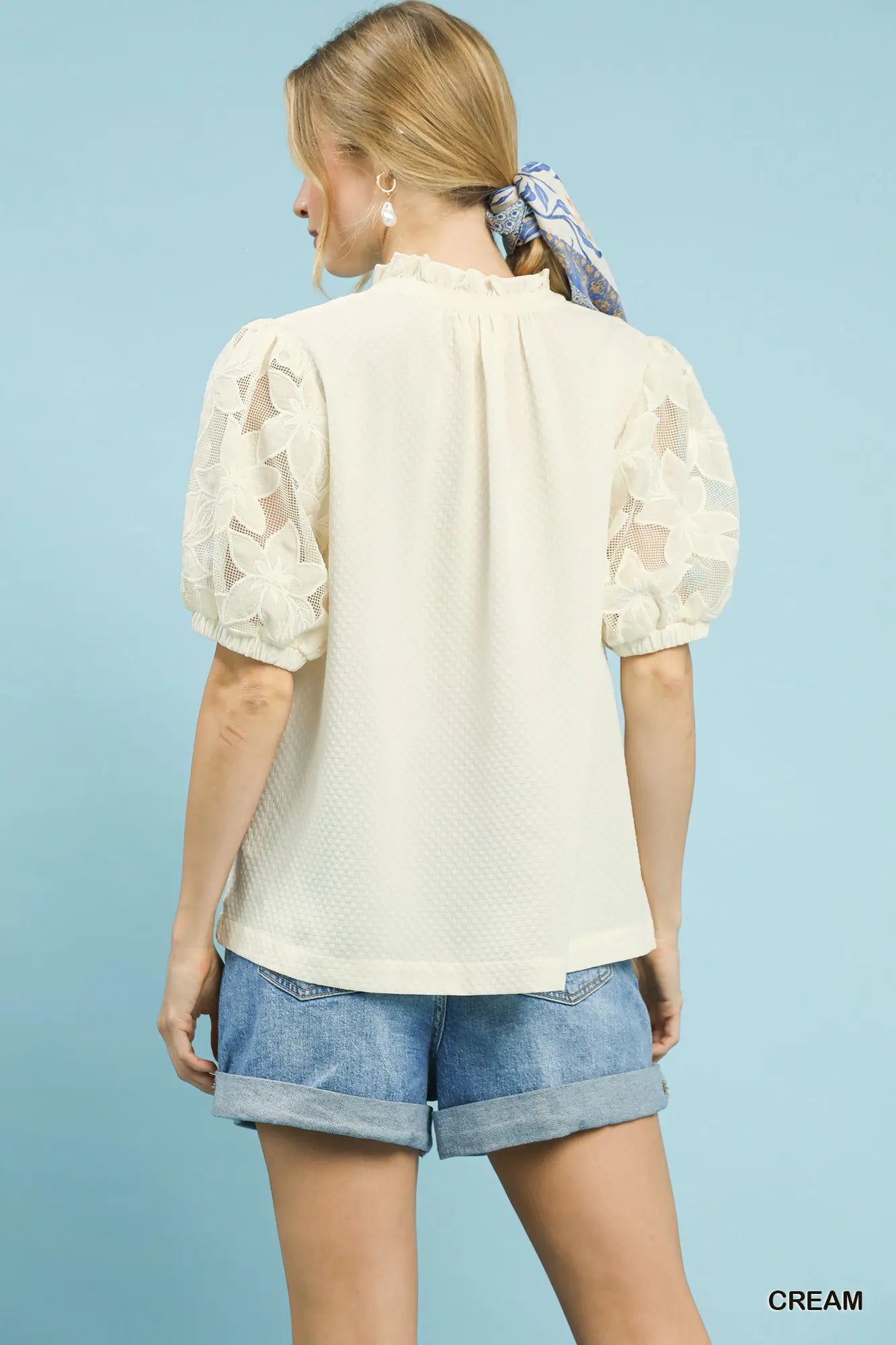 Textured Blouse w/Lace Contrast Sleeves