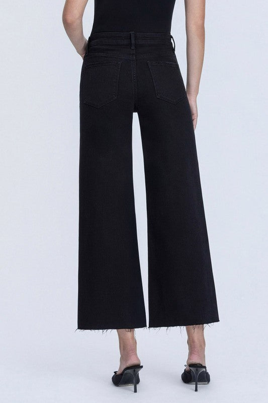 High Rise Raw Hem Crop Wide Leg Jeans