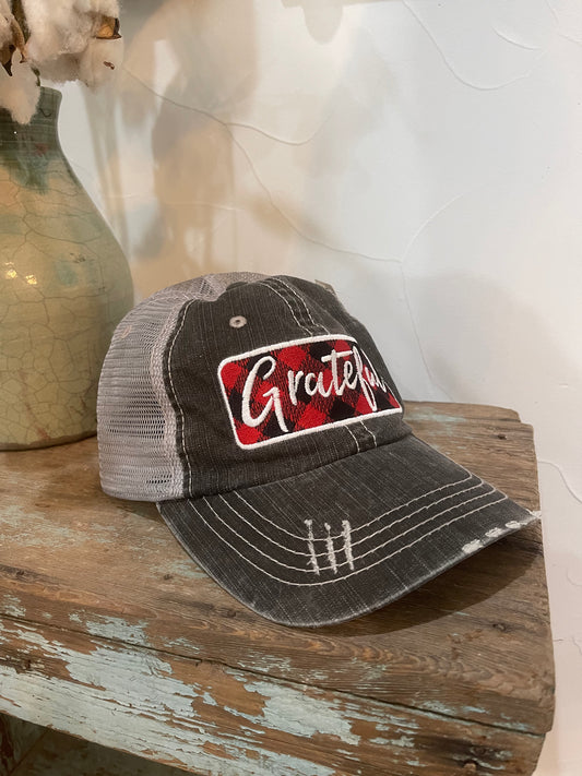 Plaid "Grateful" trucker cap
