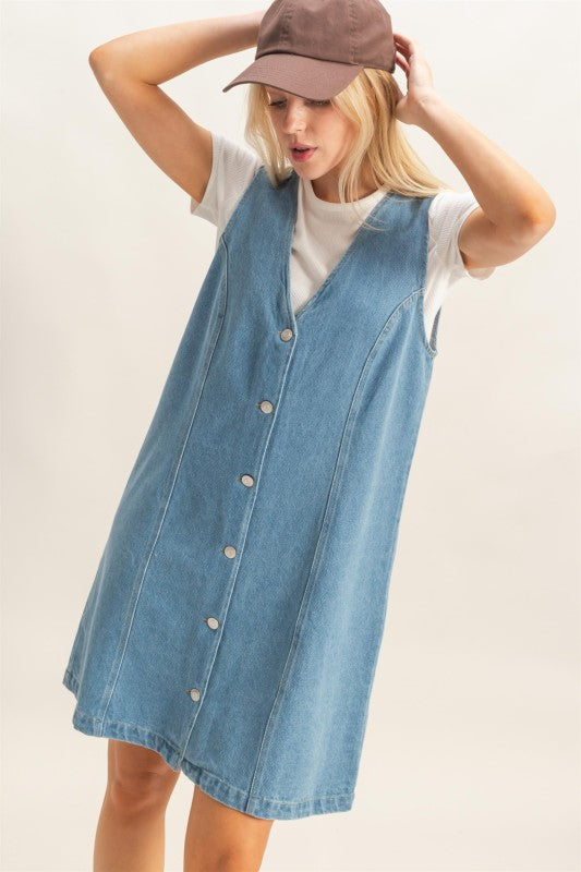 V-Neck Button Up Denim Dress