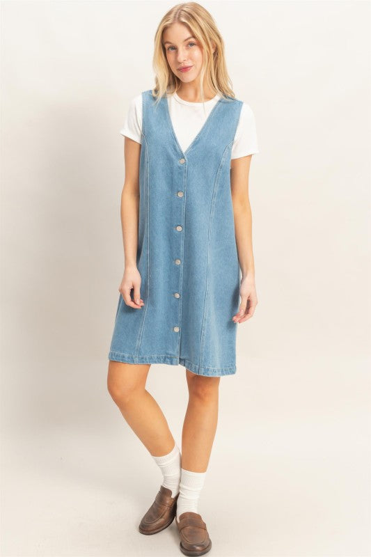 V-Neck Button Up Denim Dress