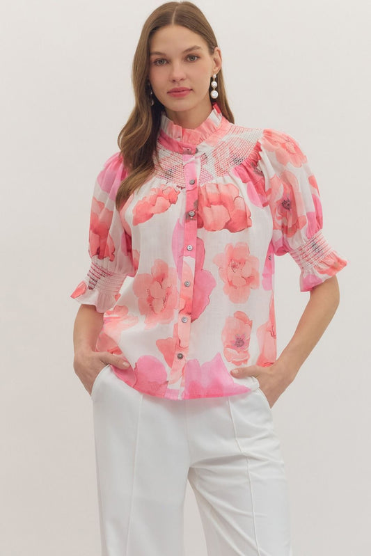 Smocked Floral Puff Sleeve Top