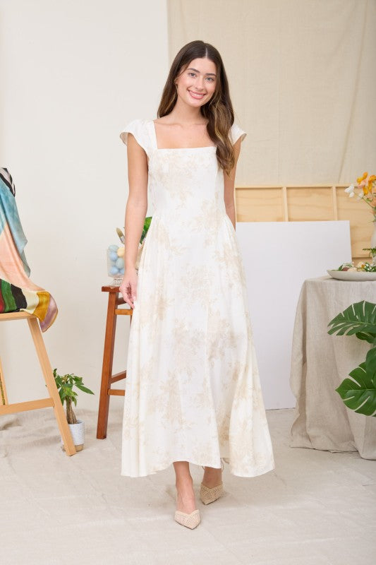 Floral Square Neck Bell Sleeve Midi Dress