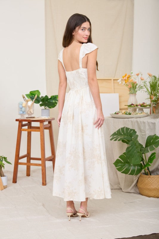 Floral Square Neck Bell Sleeve Midi Dress