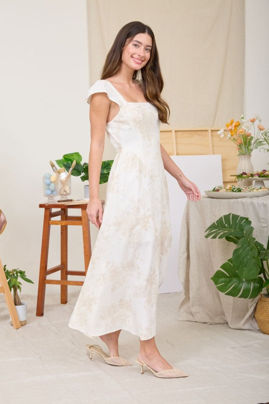 Floral Square Neck Bell Sleeve Midi Dress