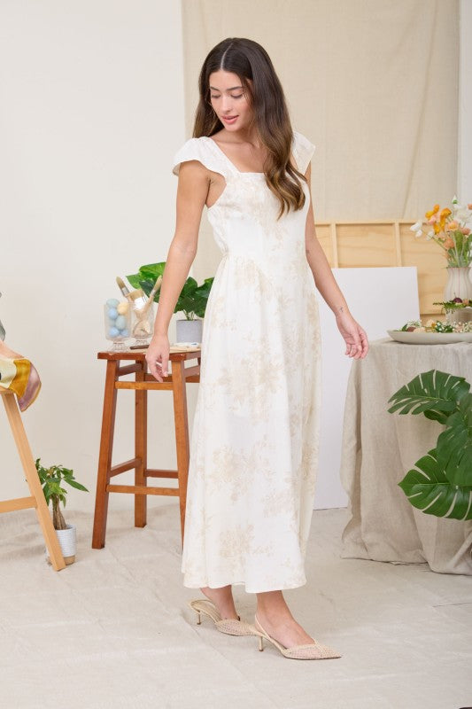 Floral Square Neck Bell Sleeve Midi Dress