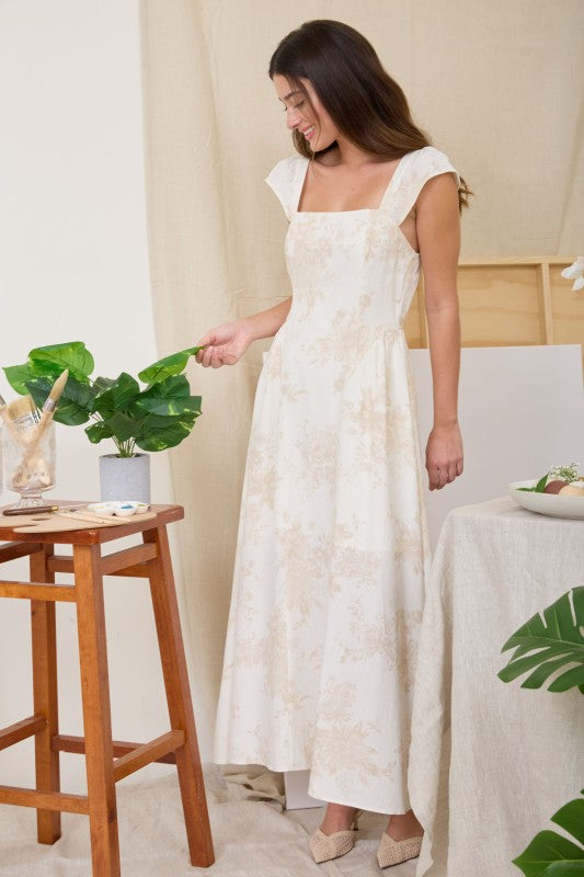 Floral Square Neck Bell Sleeve Midi Dress