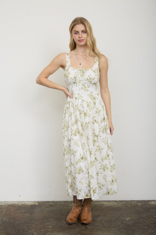 Floral Print Front Tie Corset Midi Dress