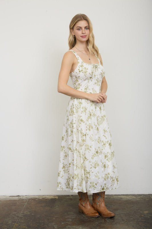 Floral Print Front Tie Corset Midi Dress