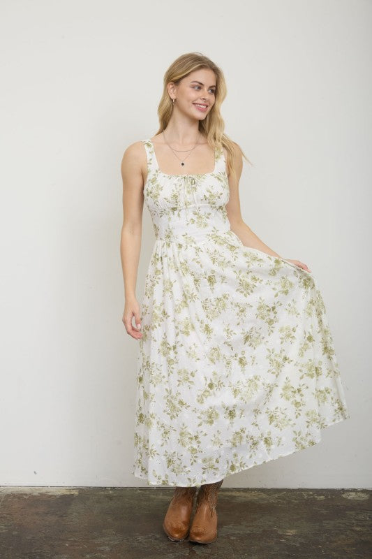 Floral Print Front Tie Corset Midi Dress
