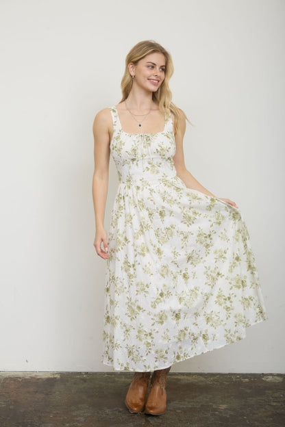 Floral Print Front Tie Corset Midi Dress