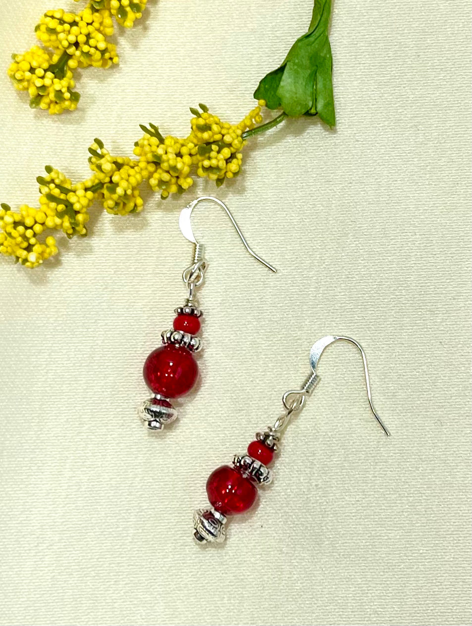 Red Crackle Bead Dangle Earrings