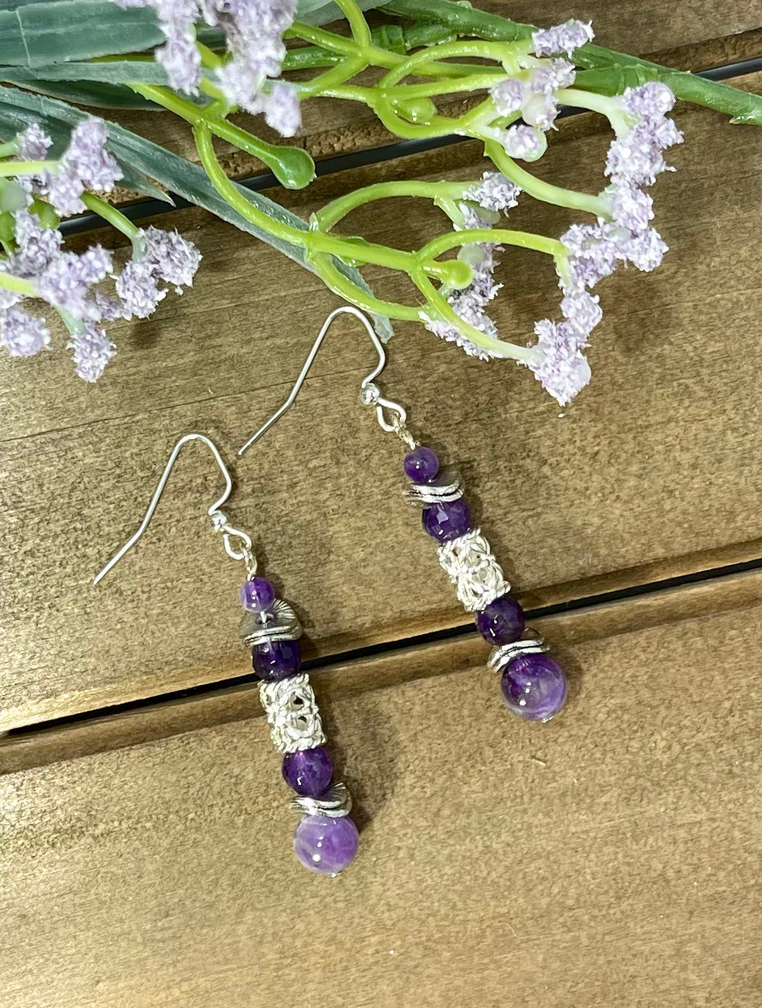 Purple and Silver Beaded Earrings