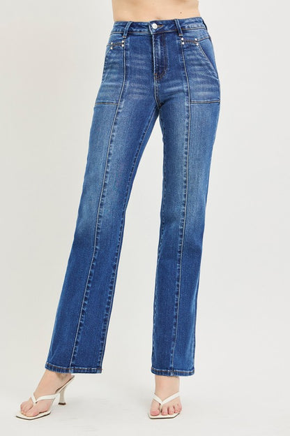 High Rise Straight Patch Pocket Seamed Jeans