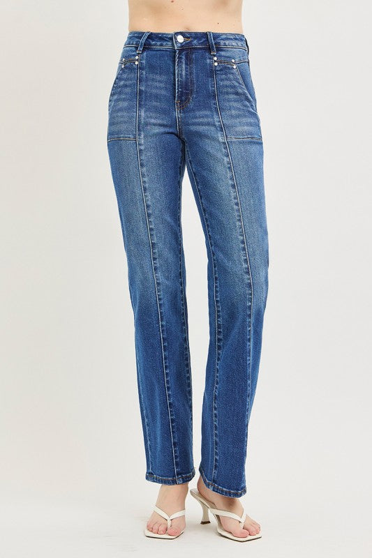High Rise Straight Patch Pocket Seamed Jeans