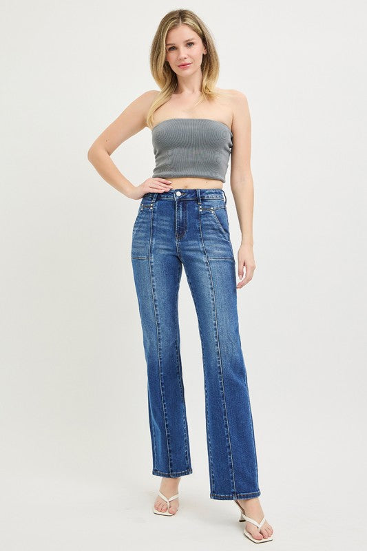 High Rise Straight Patch Pocket Seamed Jeans