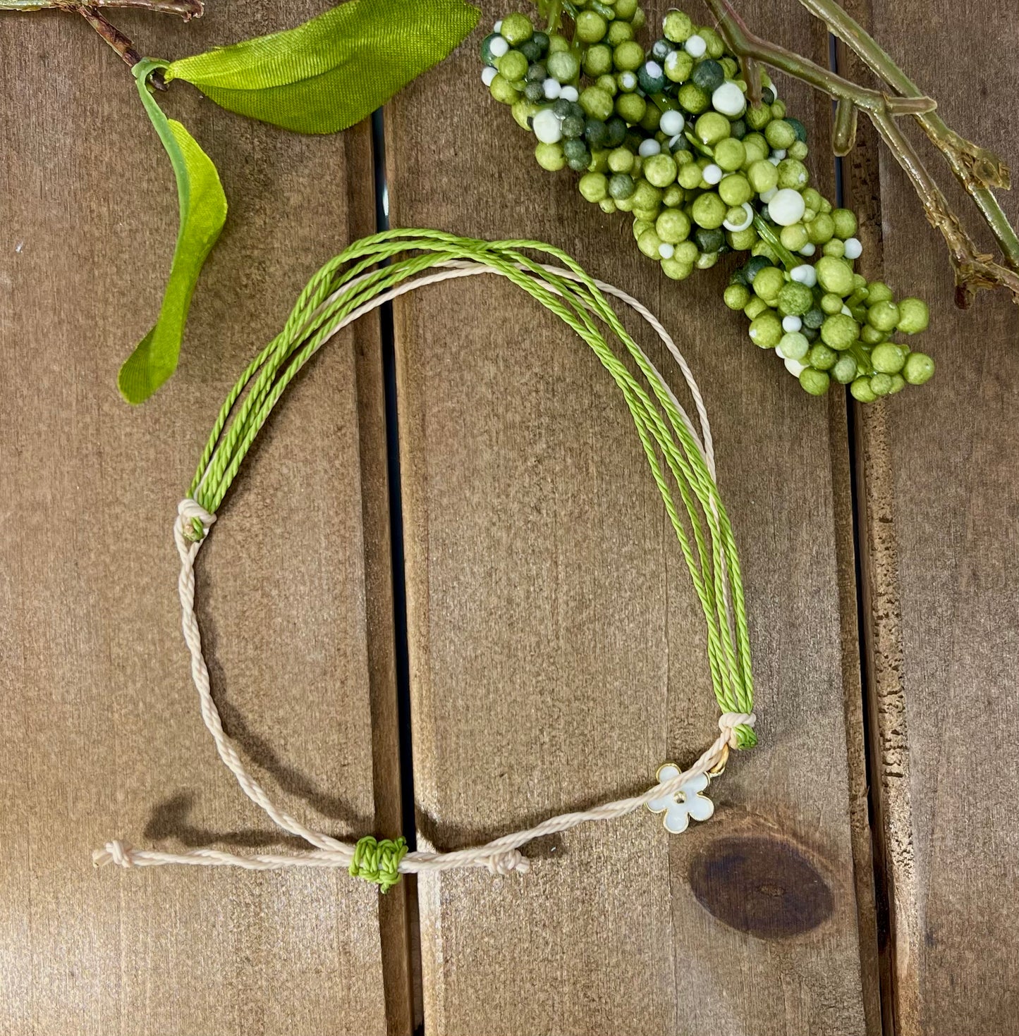 Green & Cream Wax String Bracelet