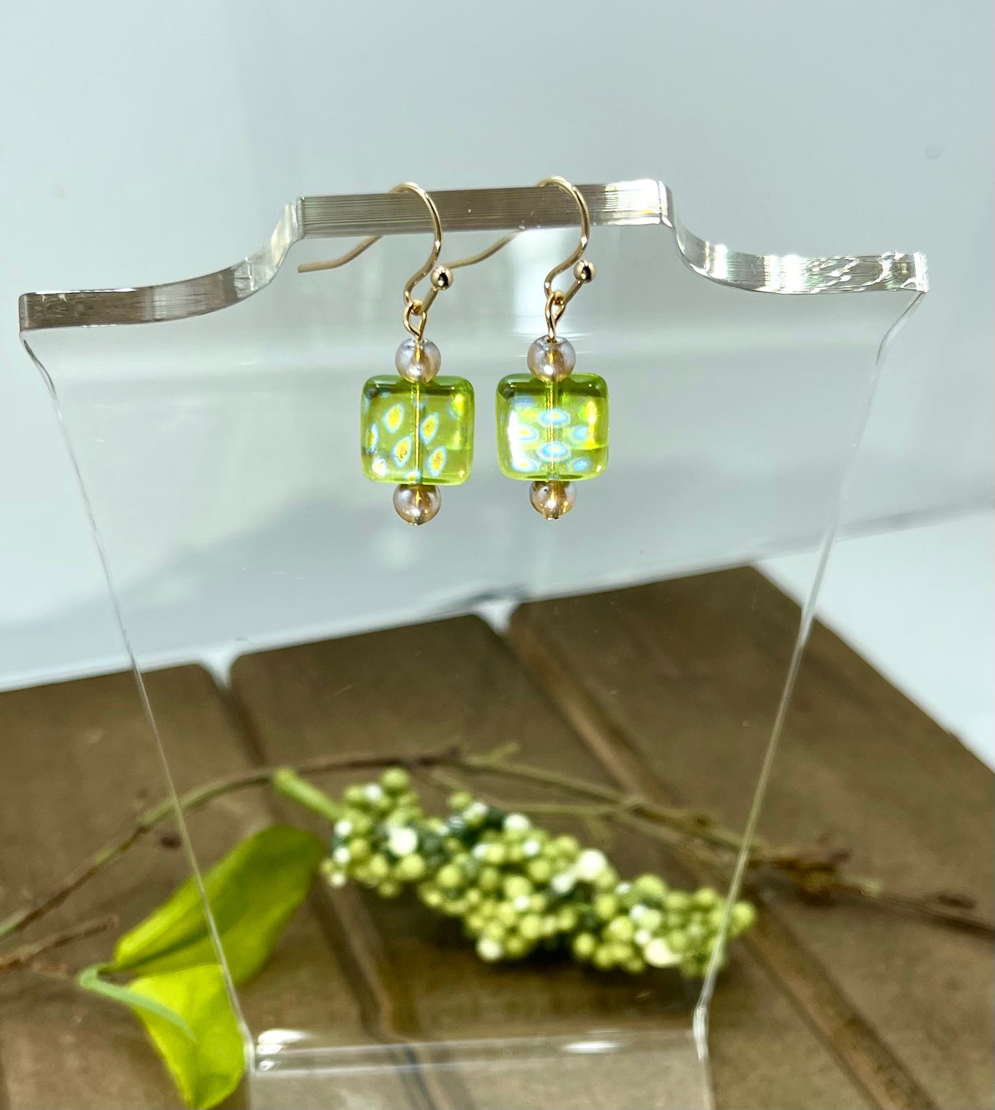 Czech Green Square Glass Dangle Earrings