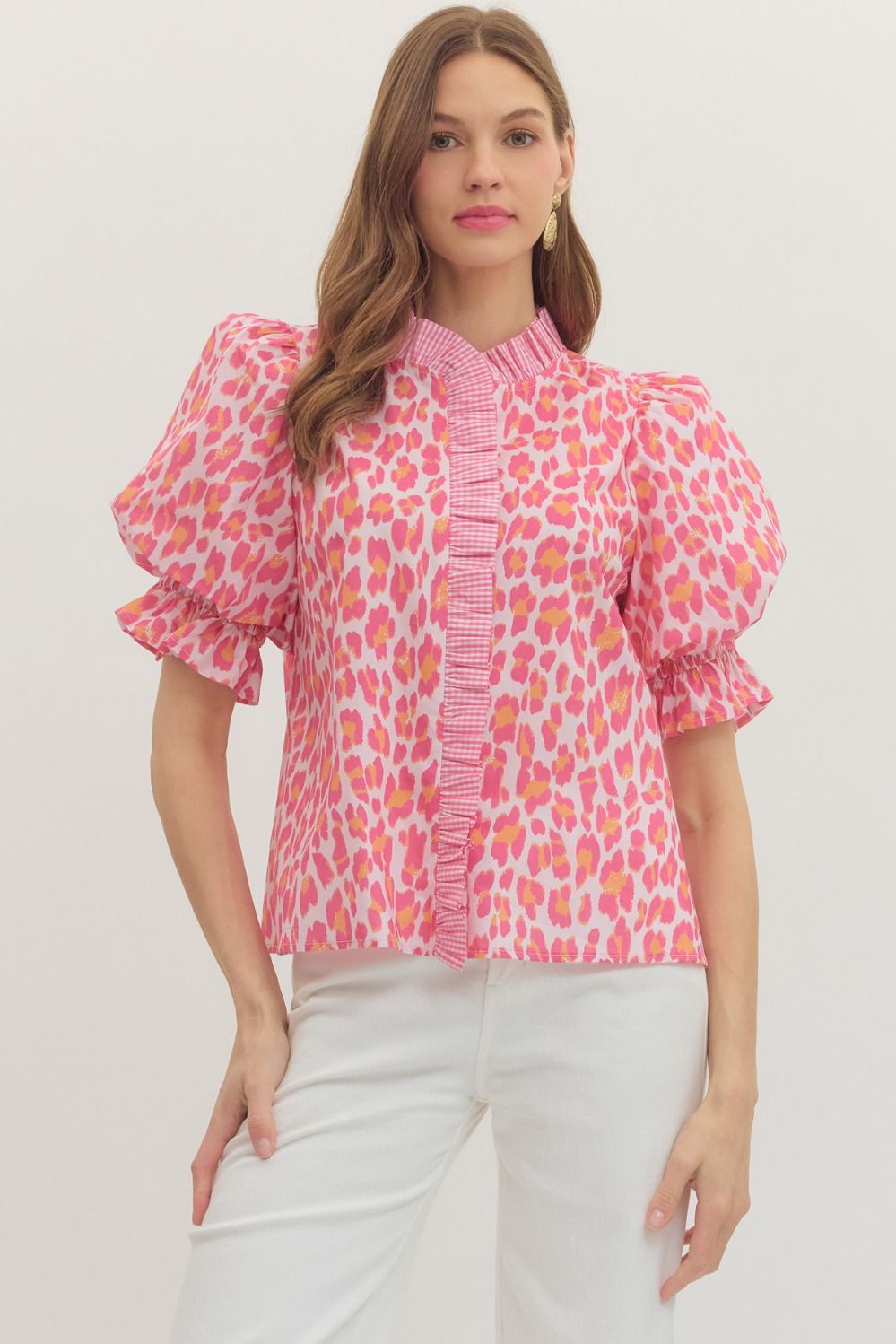 Pink Leopard Print Puff Sleeve Top