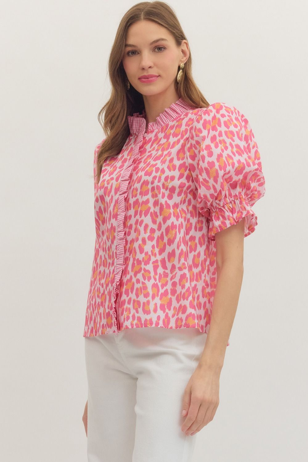 Pink Leopard Print Puff Sleeve Top
