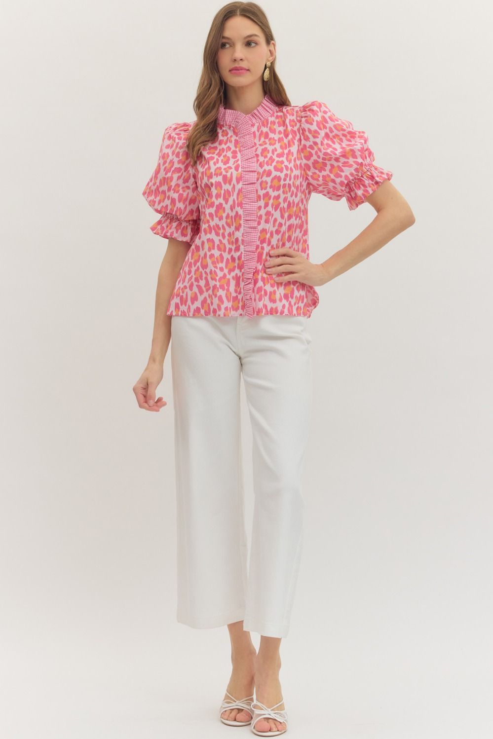 Pink Leopard Print Puff Sleeve Top