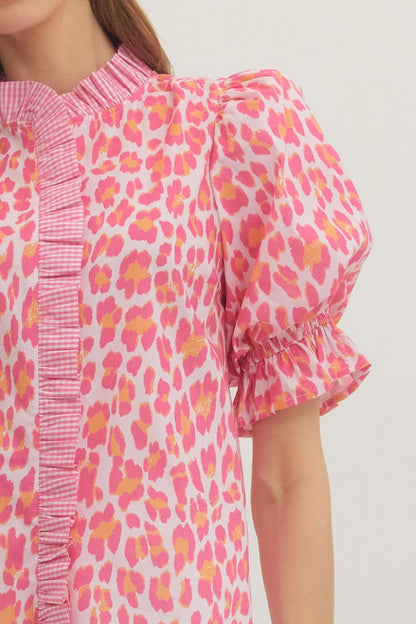 Pink Leopard Print Puff Sleeve Top