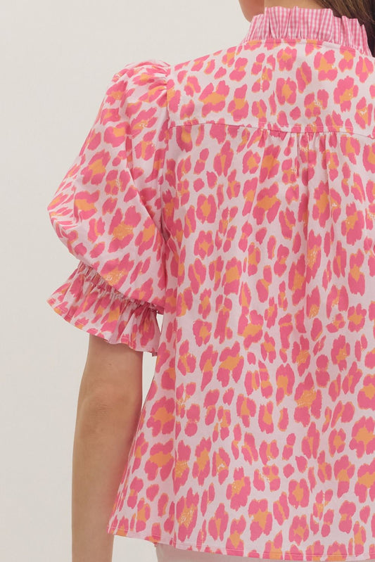 Pink Leopard Print Puff Sleeve Top
