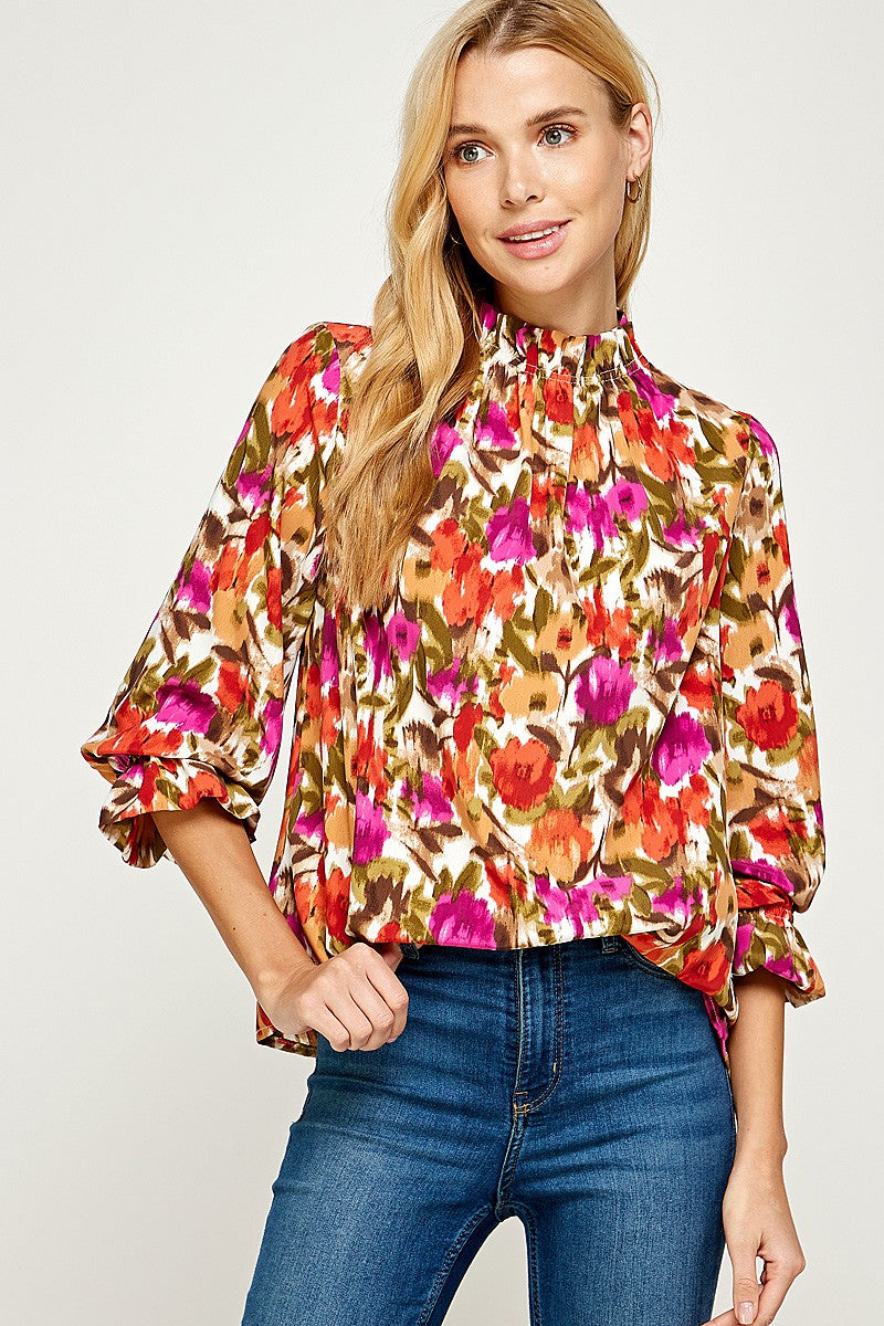 Floral Print Ruffled Neck Long Sleeve Top