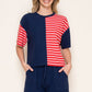 Round Neck Solid and Striped Knit Top