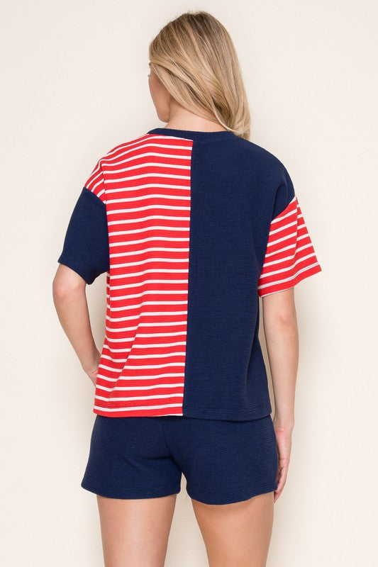 Round Neck Solid and Striped Knit Top