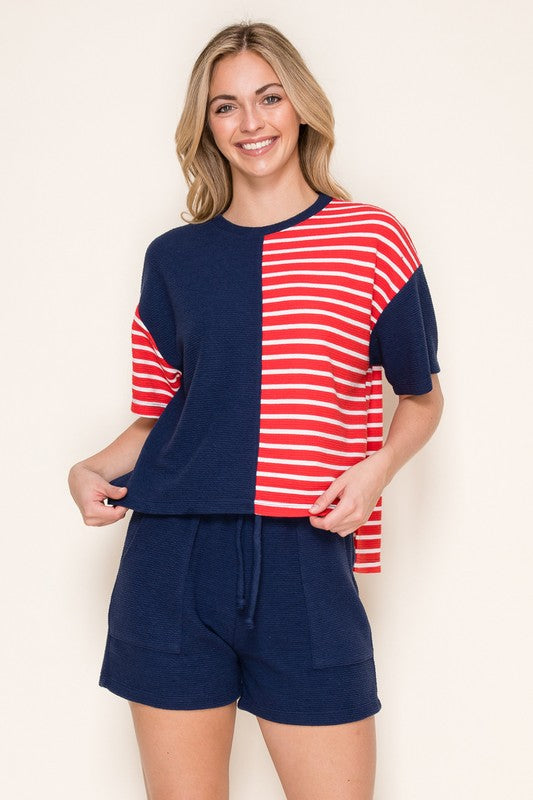 Round Neck Solid and Striped Knit Top