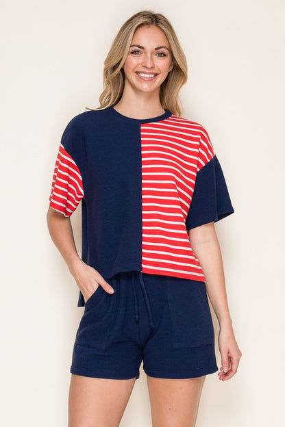 Round Neck Solid and Striped Knit Top