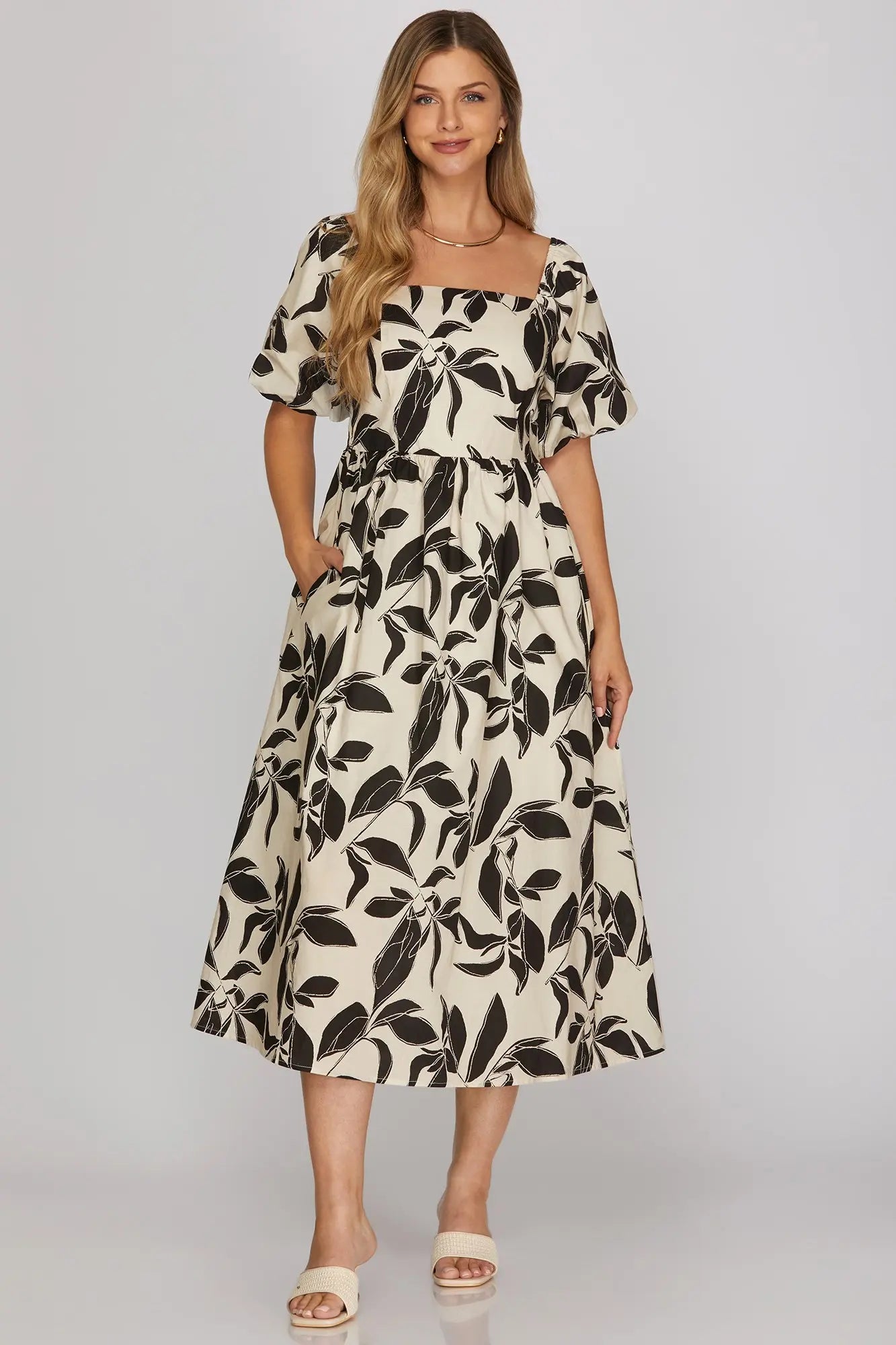 Bubble Sleeve Printed Midi Dress