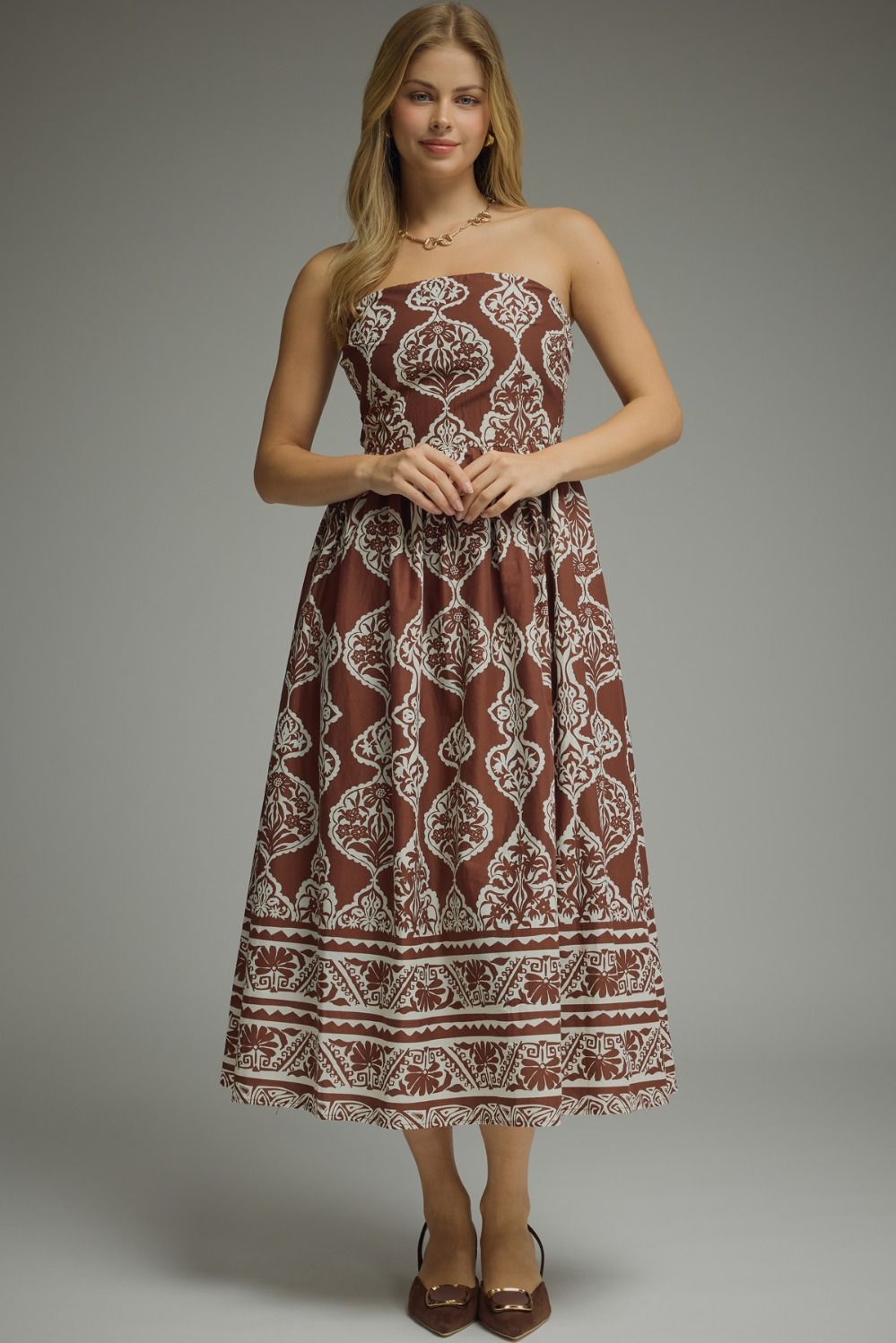 Strapless Print Midi Dress
