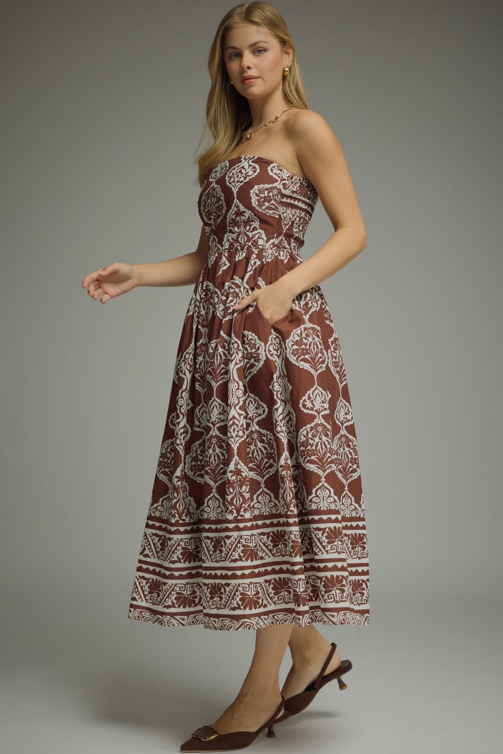 Strapless Print Midi Dress